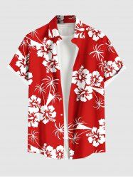 Plus Size Coconut Tree Hibiscus Flower Two Tone Print Hawaii Button Pocket Shirt For Men -  