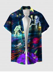 Plus Size Galaxy Astronaut Stars Print Buttons Pocket Hawaii Shirt For Men -  