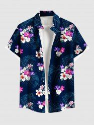 Chemise hawaïenne grande taille pour homme, imprimée de fleurs d'hibiscus et de feuilles tropicales, avec boutons et poche. - Bleu de Minuit L