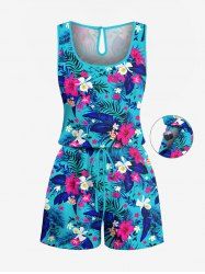 Plus Size Tropical Leaf Hbiscus Flowers Print Cinched Hawaii Romper -  
