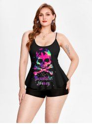 Plus Size Skull Glitter Print Boyshorts Tankini Swimsuit (Adjustable Shoulder Strap) -  