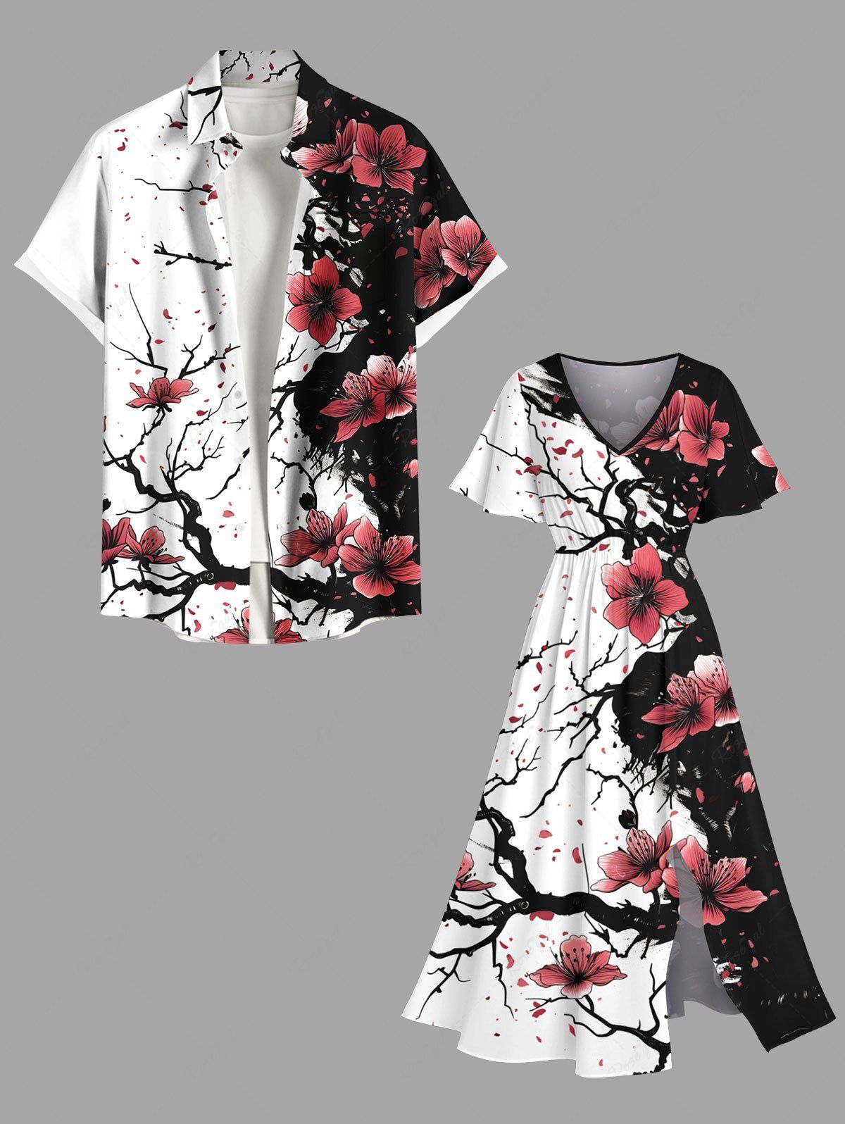 Peinture à l'encre, imprimé de branches de fleurs de pêcher, grande taille, tenue de plage hawaïenne assortie pour couples Noir 