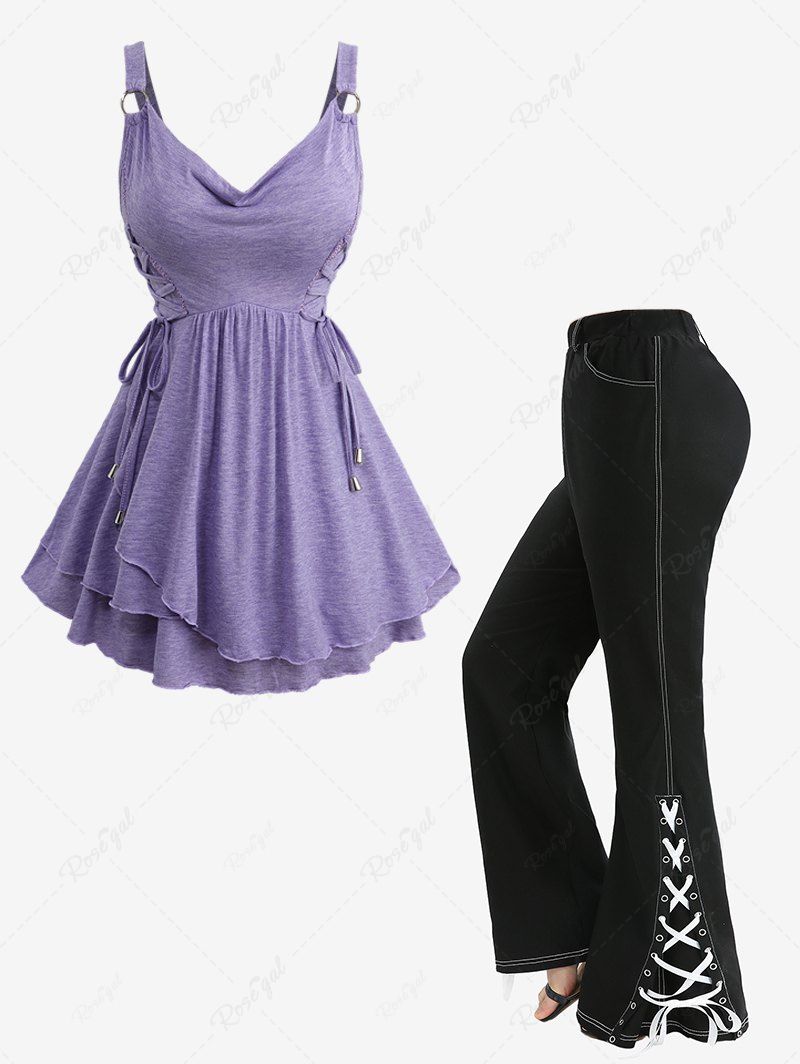 O-Ring Lace Up Ruffles Marled Tank Top and Split Grommet Topstitching Pockets Flare Pants Plus Size Outfit