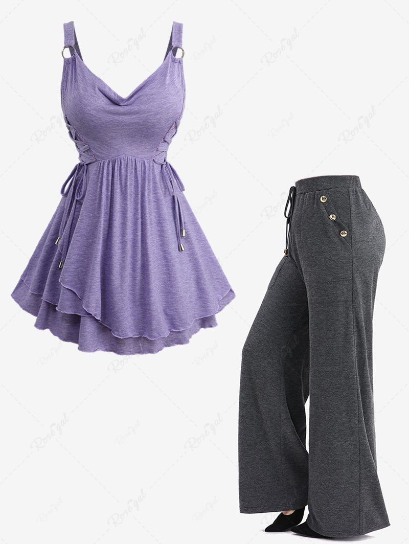 Haut chiné à volants et lacets avec anneau en O, poches à boutons factices, pantalon large à cordon de serrage, tenue grande taille Pourpre  