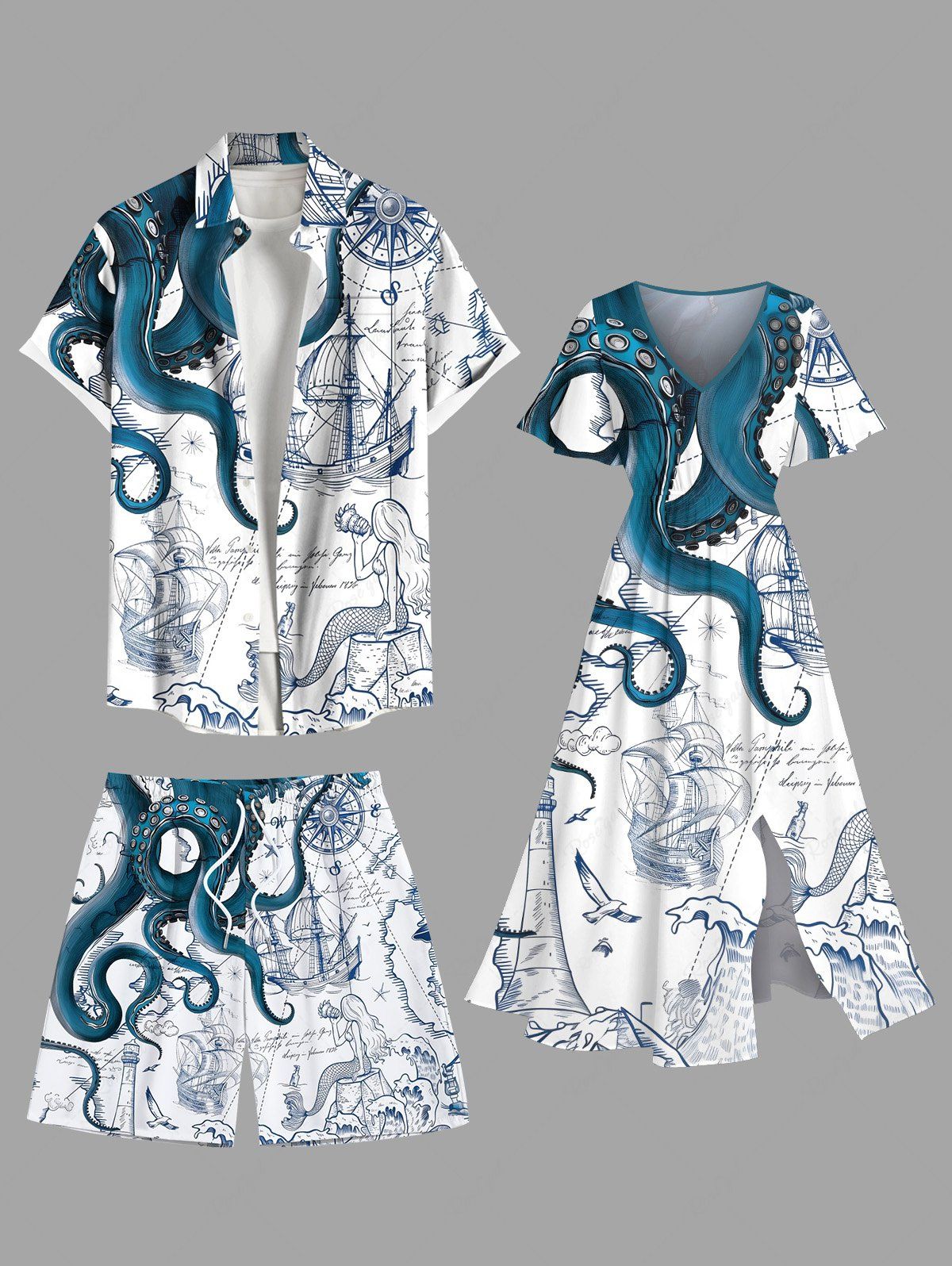 Sale Octopus Mermaid Boat Cruise Print Plus Size Matching Outfit For Couples  