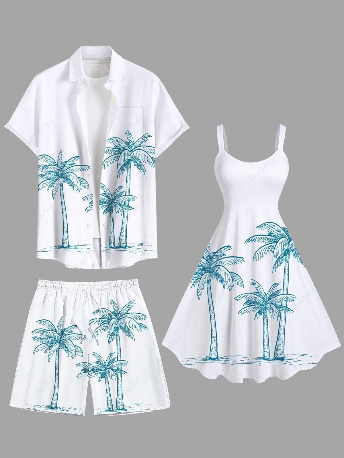 Tenue de plage hawaïenne assortie grande taille à imprimé cocotier pour couples Blanc 