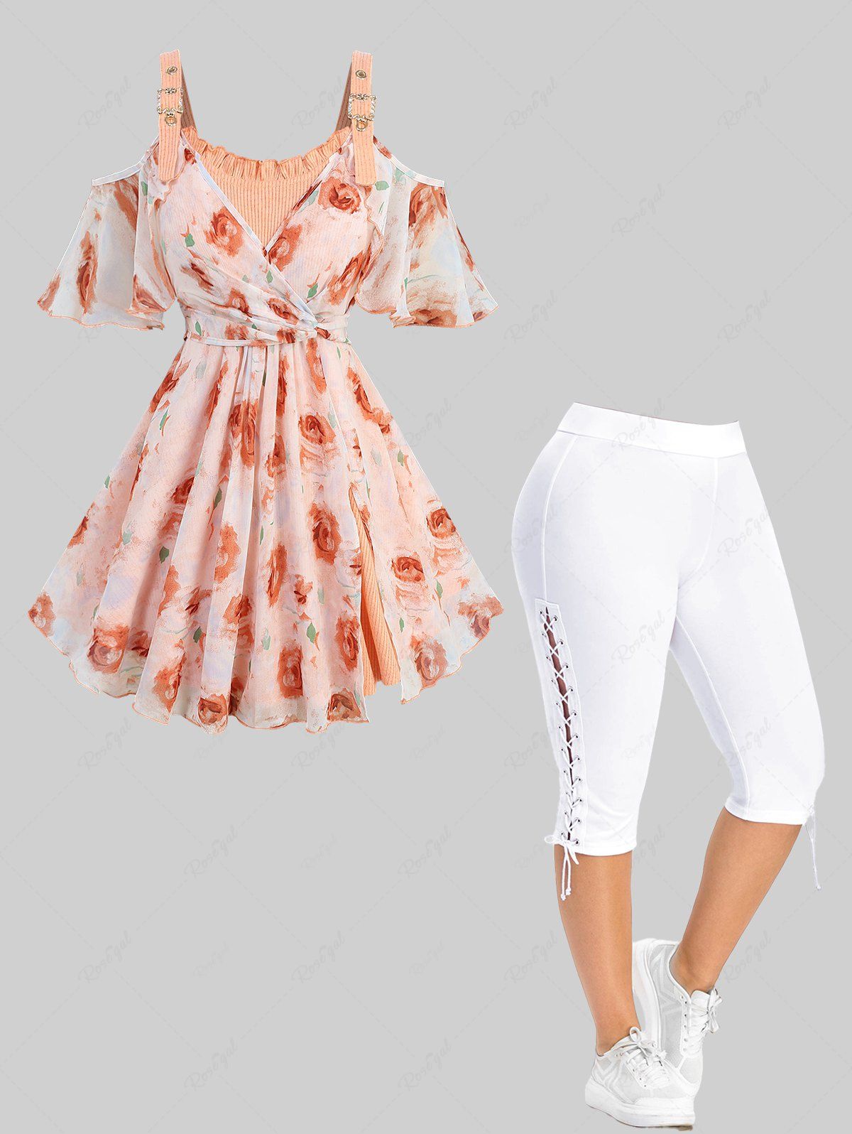 Store Rose Print Surplice Split Tulip Hem 2 In 1 Tank Top and Lace Up Side Capri Pants Plus Size Outfit  