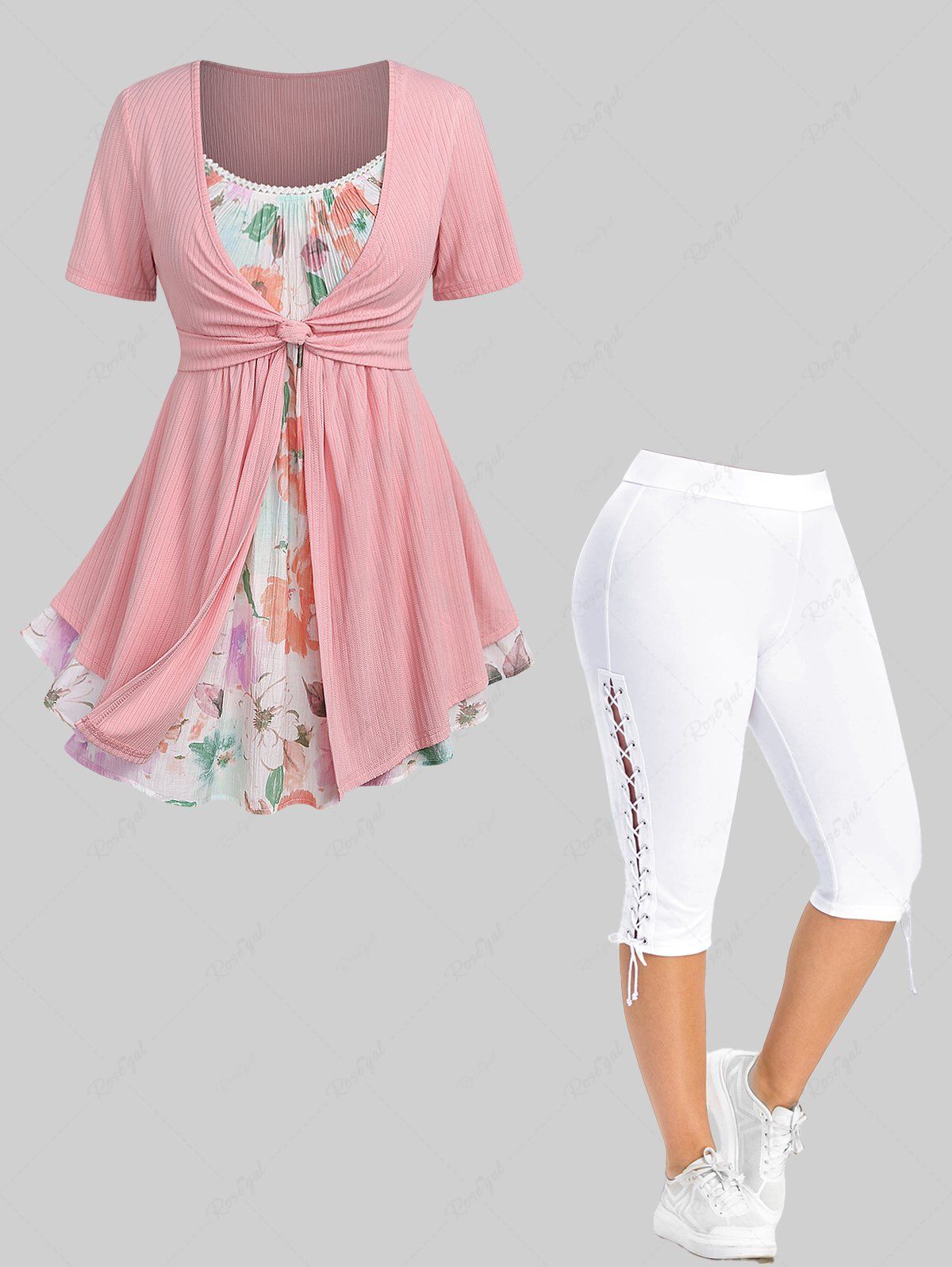 New Flower Watercolor Print Twist Ribbed 2 In 1 Top and Lace Up Side Capri Pants Plus Size Outfit  