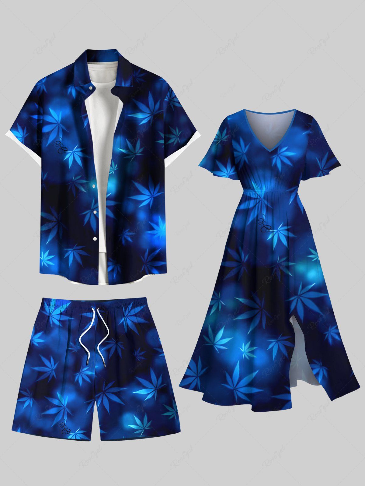 Tenue de plage hawaïenne assortie grande taille à imprimé feuilles d'érable ombré pour couples Bleu de Minuit 