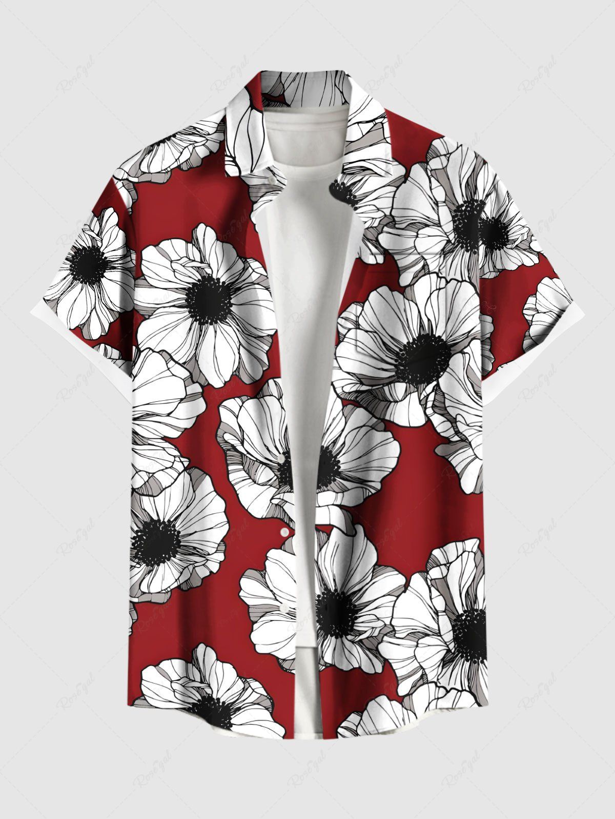 Hot Plus Size Floral Print Hawaii Button Pocket Shirt For Men  
