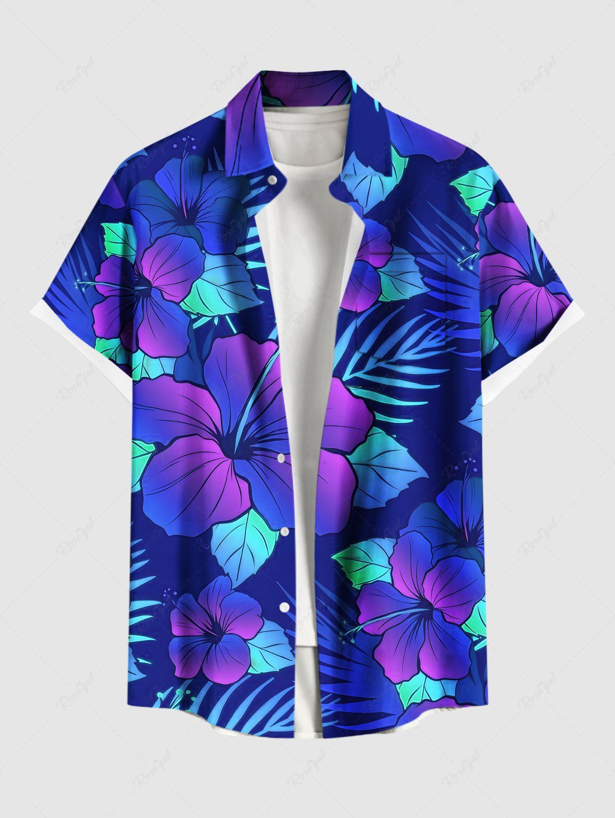 Store Plus Size Ombre Tropical Leaves Hibiscus Floral Print Hawaii Button Pocket Shirt For Men  