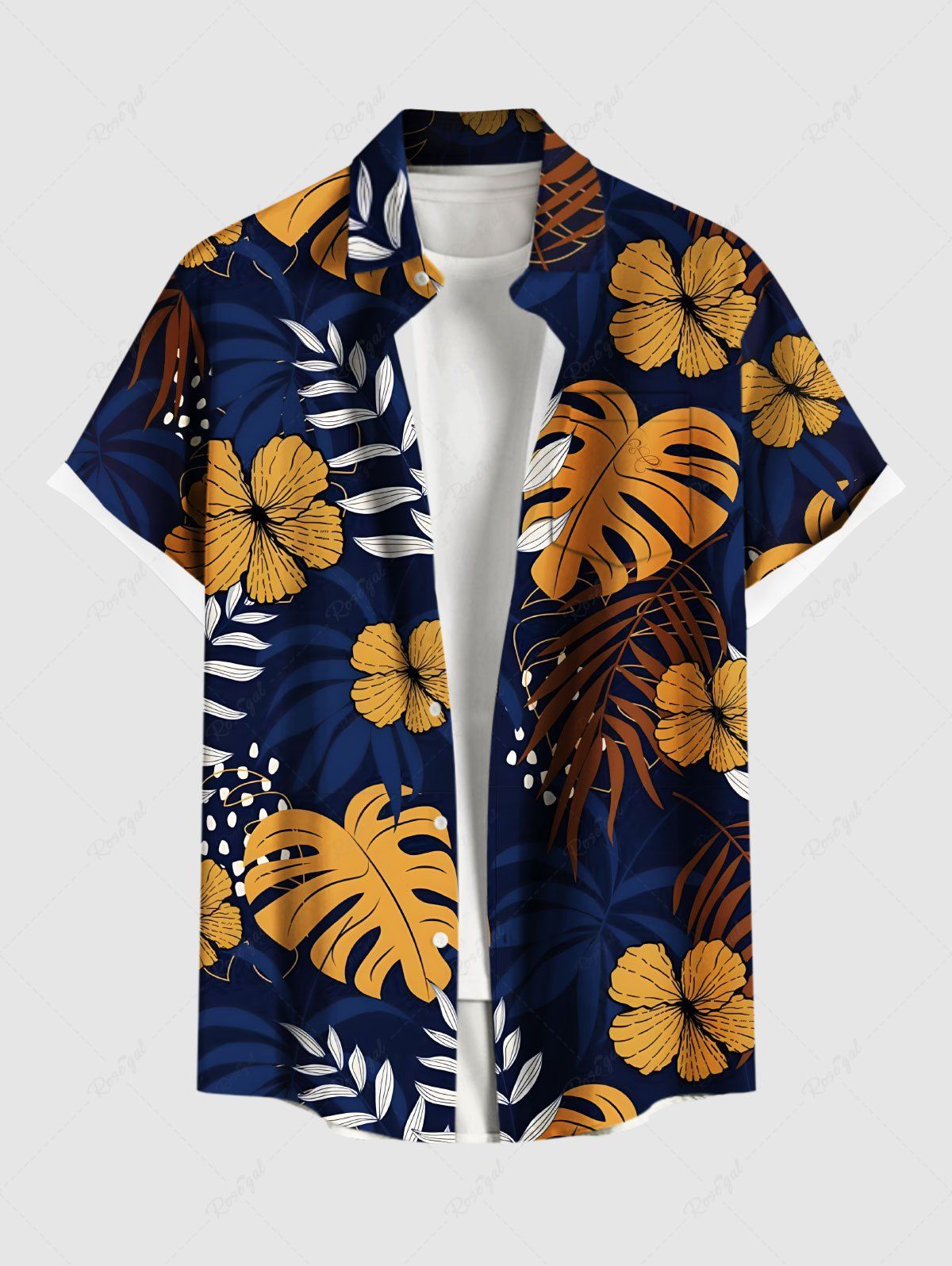 Store Plus Size Tropical Leaf Branch Flower Print Hawaii Button Pocket Shirt For Men  