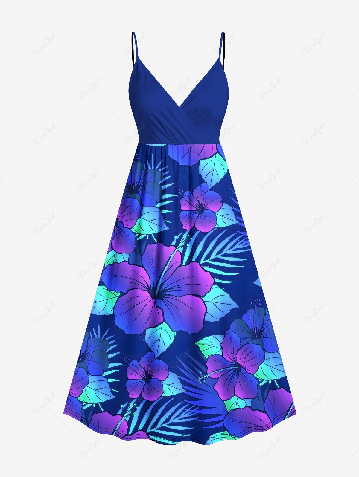 Fancy Plus Size Ombre Tropical Leaves Hibiscus Floral Print Hawaii Surplice A Line Cami Dress  