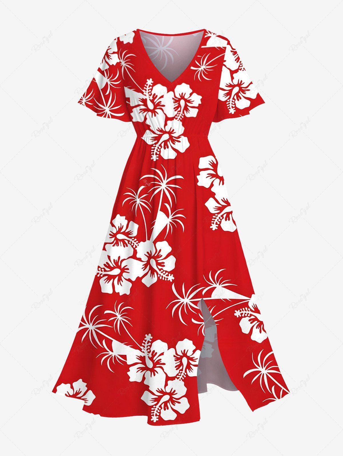 Unique Plus Size Coconut Tree Hibiscus Flower Two Tone Print Hawaii Split Pocket A Line Midi Dress  