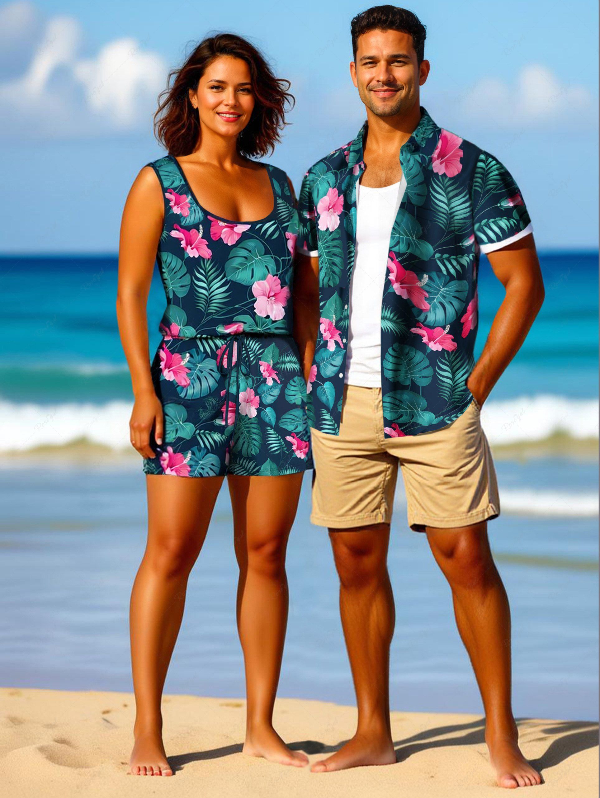 Ensemble chemise et barboteuse hawaïennes assorties, grande taille, tenue de plage, imprimé feuilles tropicales et hibiscus, pour couples Vert 