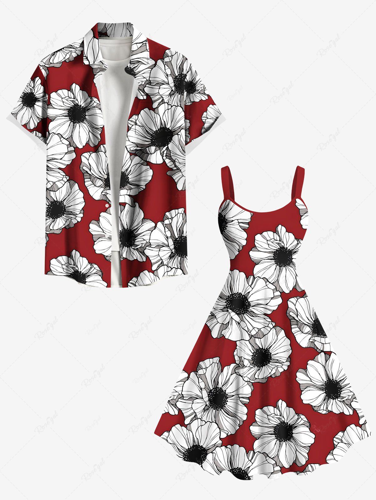Tenue de plage hawaïenne assortie grande taille à imprimé floral pour couples Rouge 