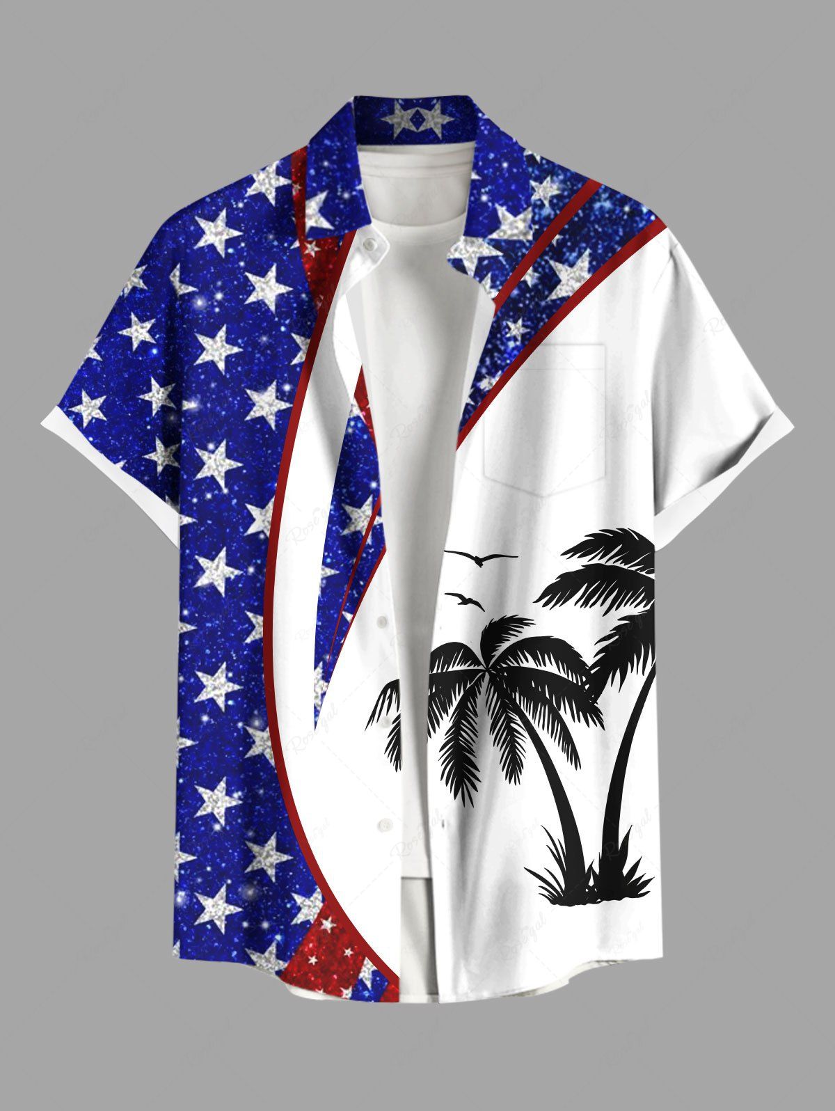 Fancy Plus Size Patriotic American Flag Coconut Tree Print Buttons Pocket Hawaii Shirt For Men  