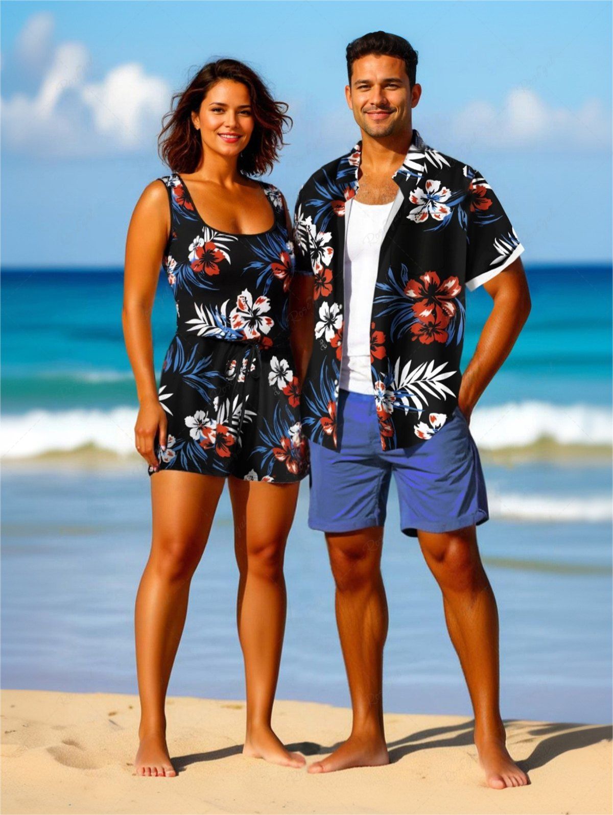 Ensemble chemise et barboteuse hawaïennes assorties, grande taille, imprimé feuilles tropicales et hibiscus, pour couples Noir 