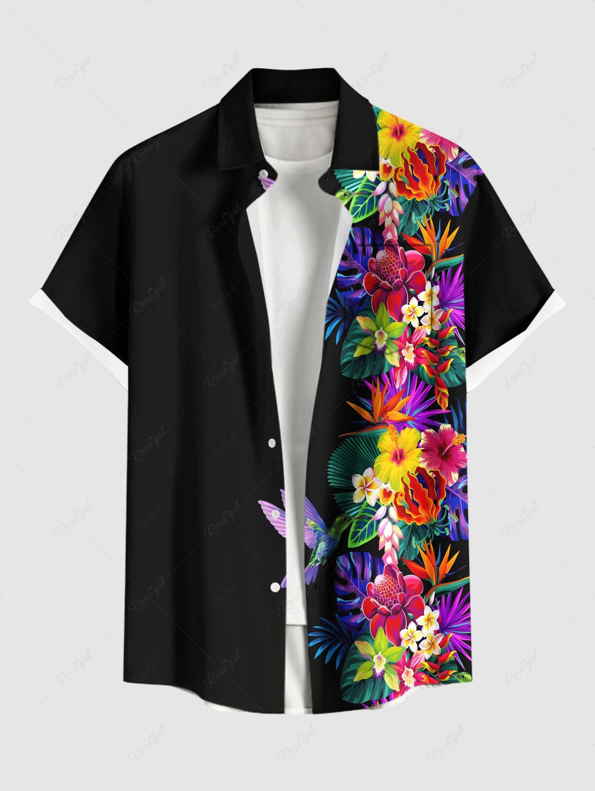 Outfit Plus Size Tropical Leaf Hibiscus Flower Bird Print Buttons Pocket Hawaii Shirt For Men  