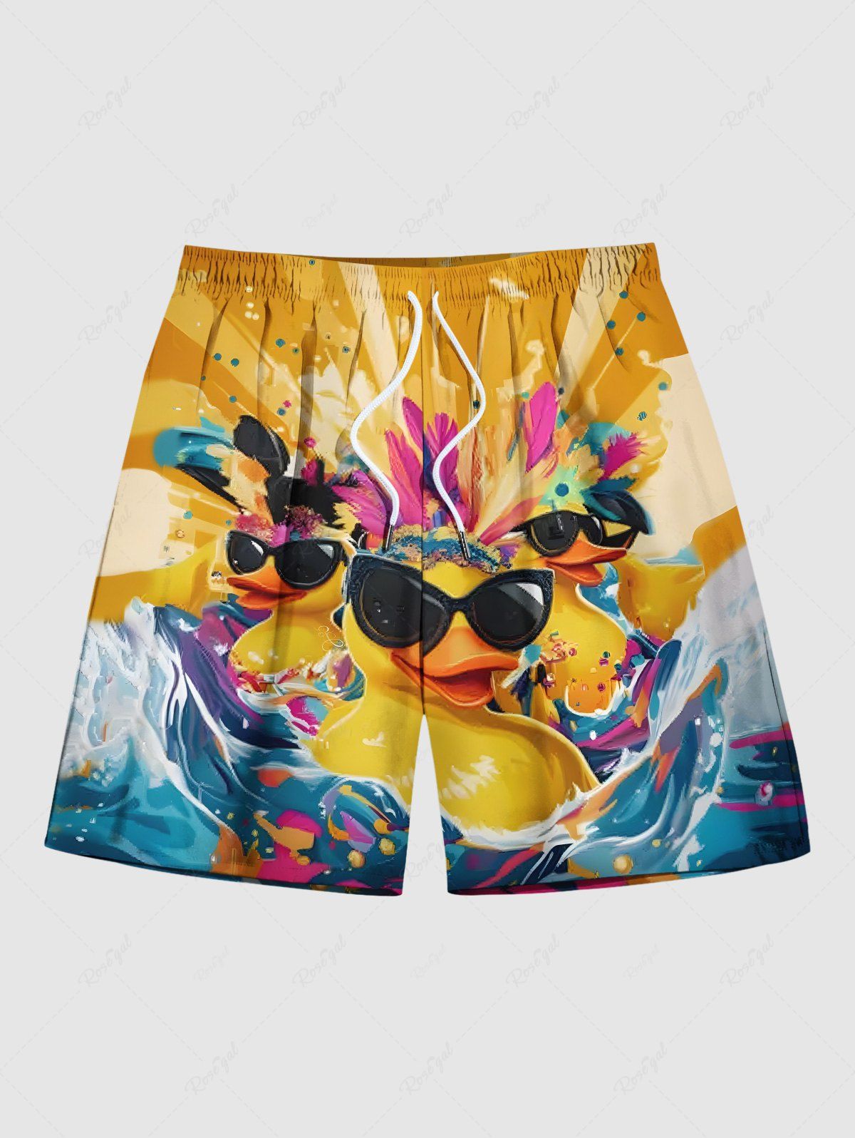 Cheap Plus Size Ducks Feather Sea Waves Paint Splatter Print Hawaii Beach Shorts For Men  