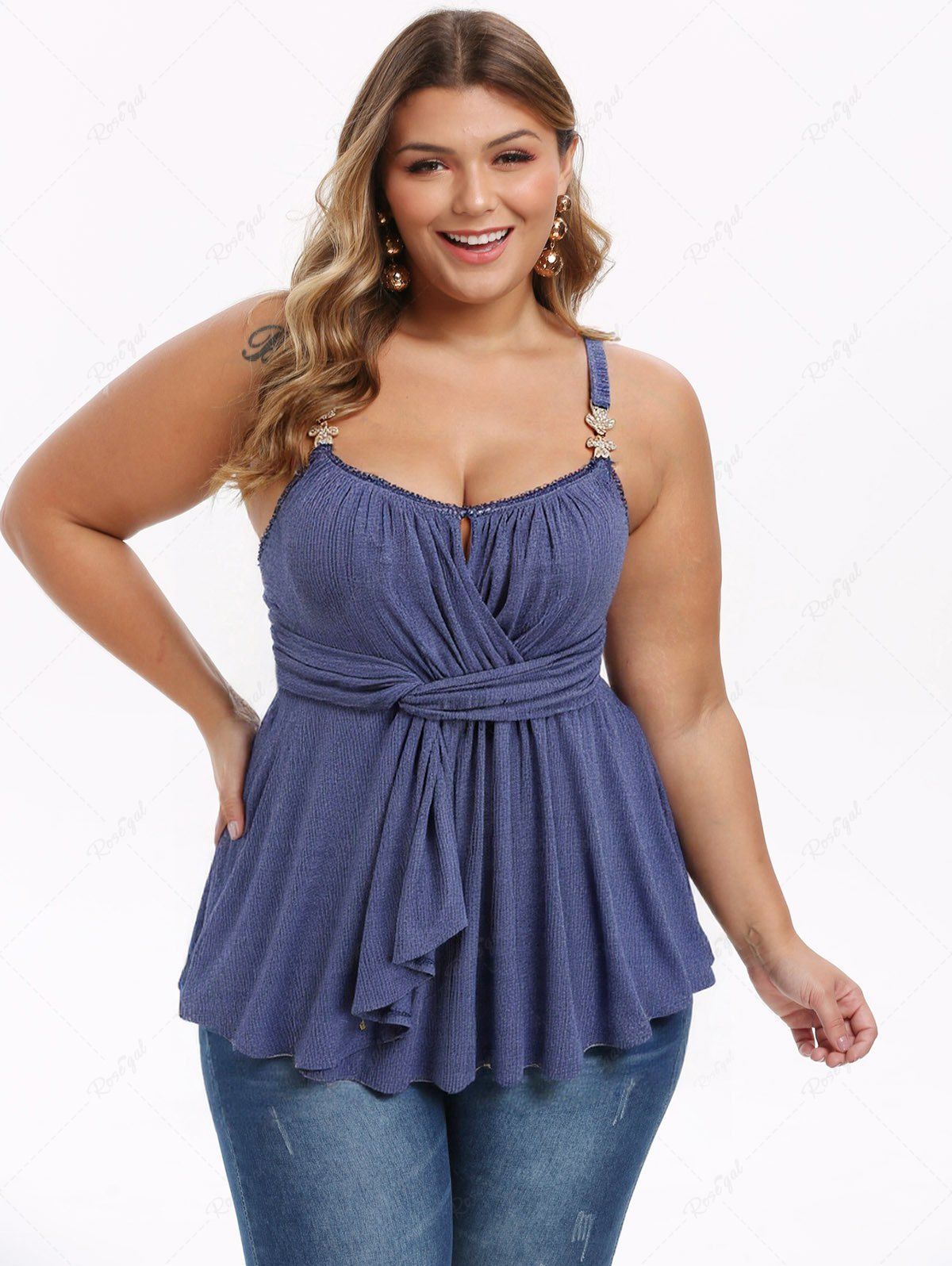 Trendy Plus Size Surplice Ruched Leaf Buckle Lace Trim Lettuce Hem Ribbed Textured Tank Top  