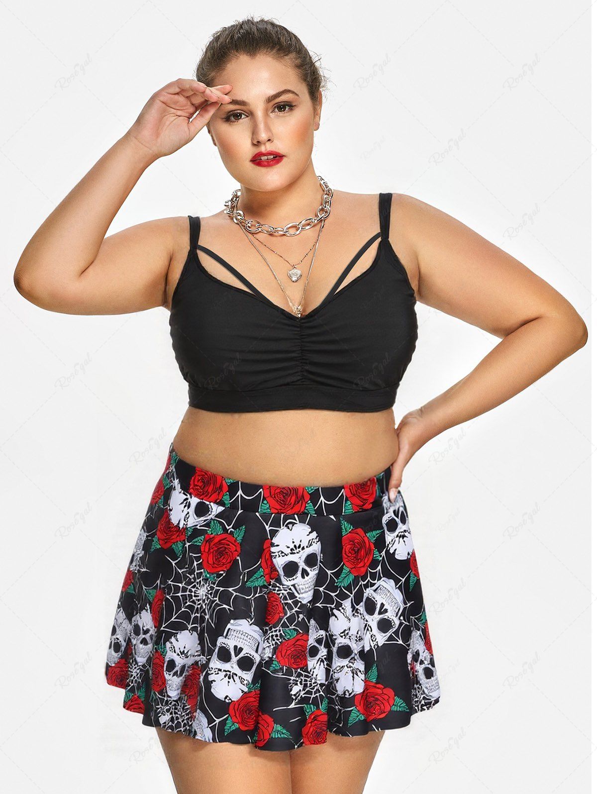 Sale Plus Size Gothic Rose Skulls Printed Ruched Padded Tankini Set Swimsuit  