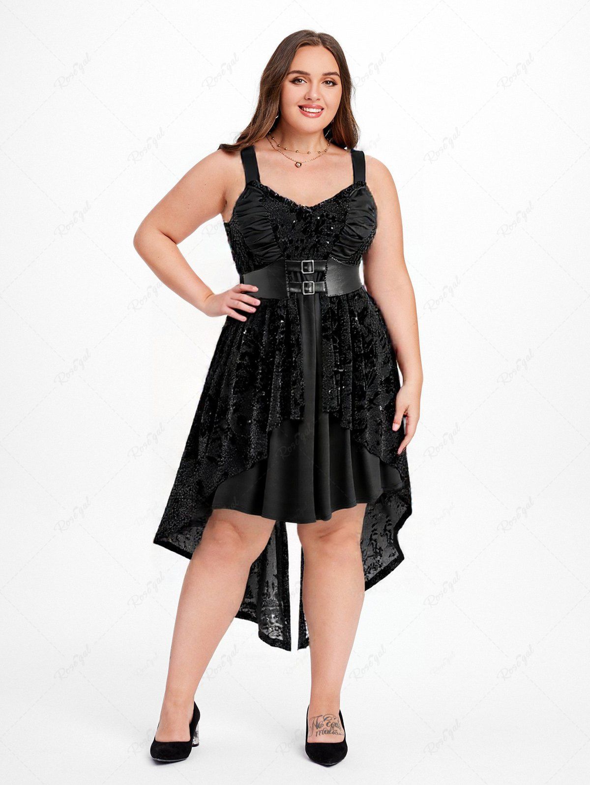 Online Gothic Plus Size Glitter Floral Flocking Ruched PU Panel Belted Split Layered High Low Asymmetric A Line Tank Dress  