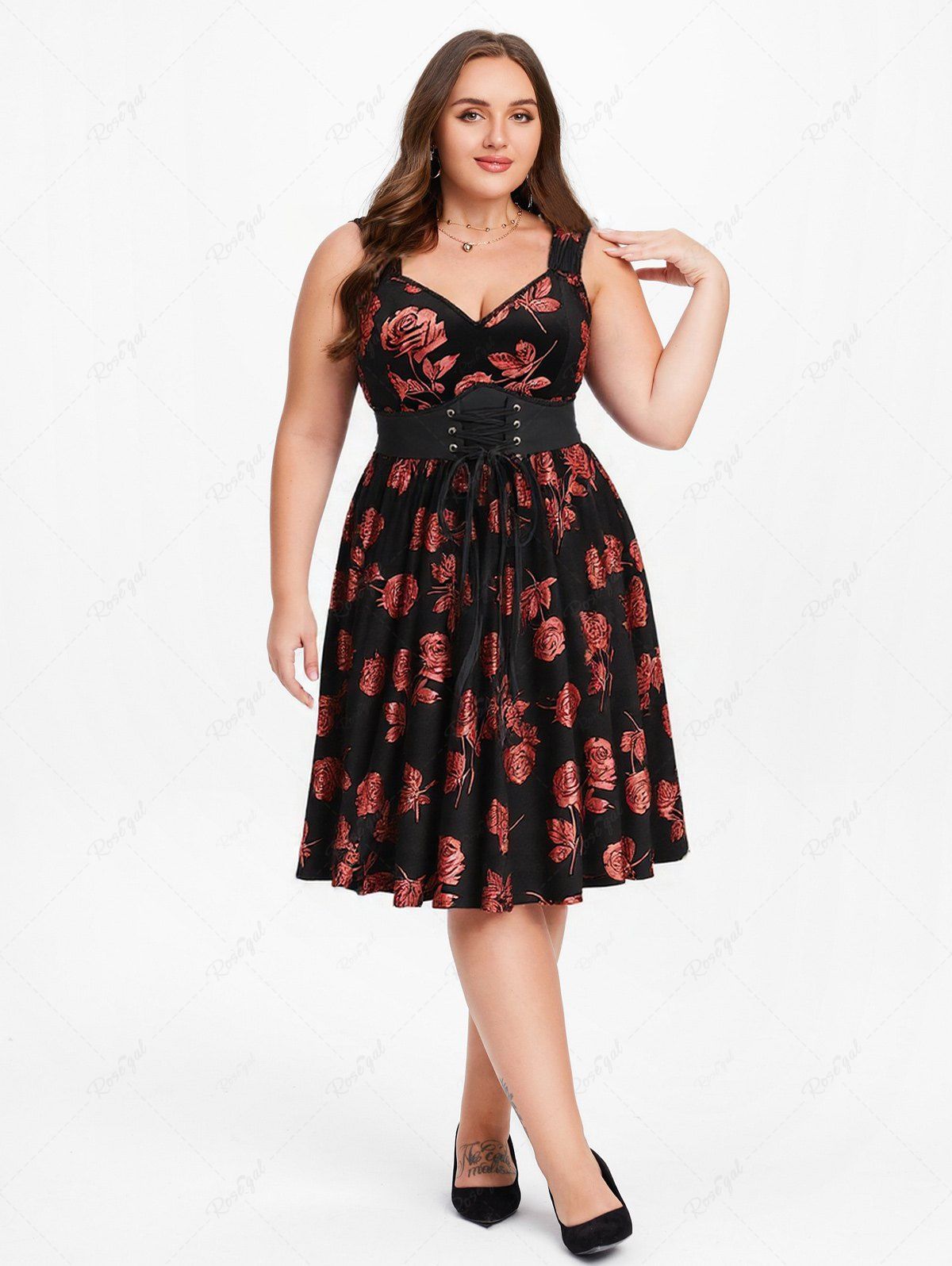 Best Plus Size Glitter Rose Flower Gilding Lace Up Pocket A Line Velvet Tank Cottagecore Dress  