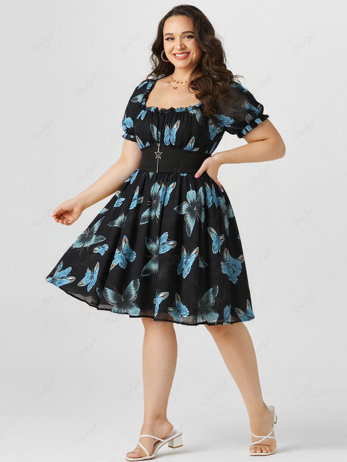 New Plus Size Butterfly Print Ruffles Ruched Pentagram Zipper Dress  