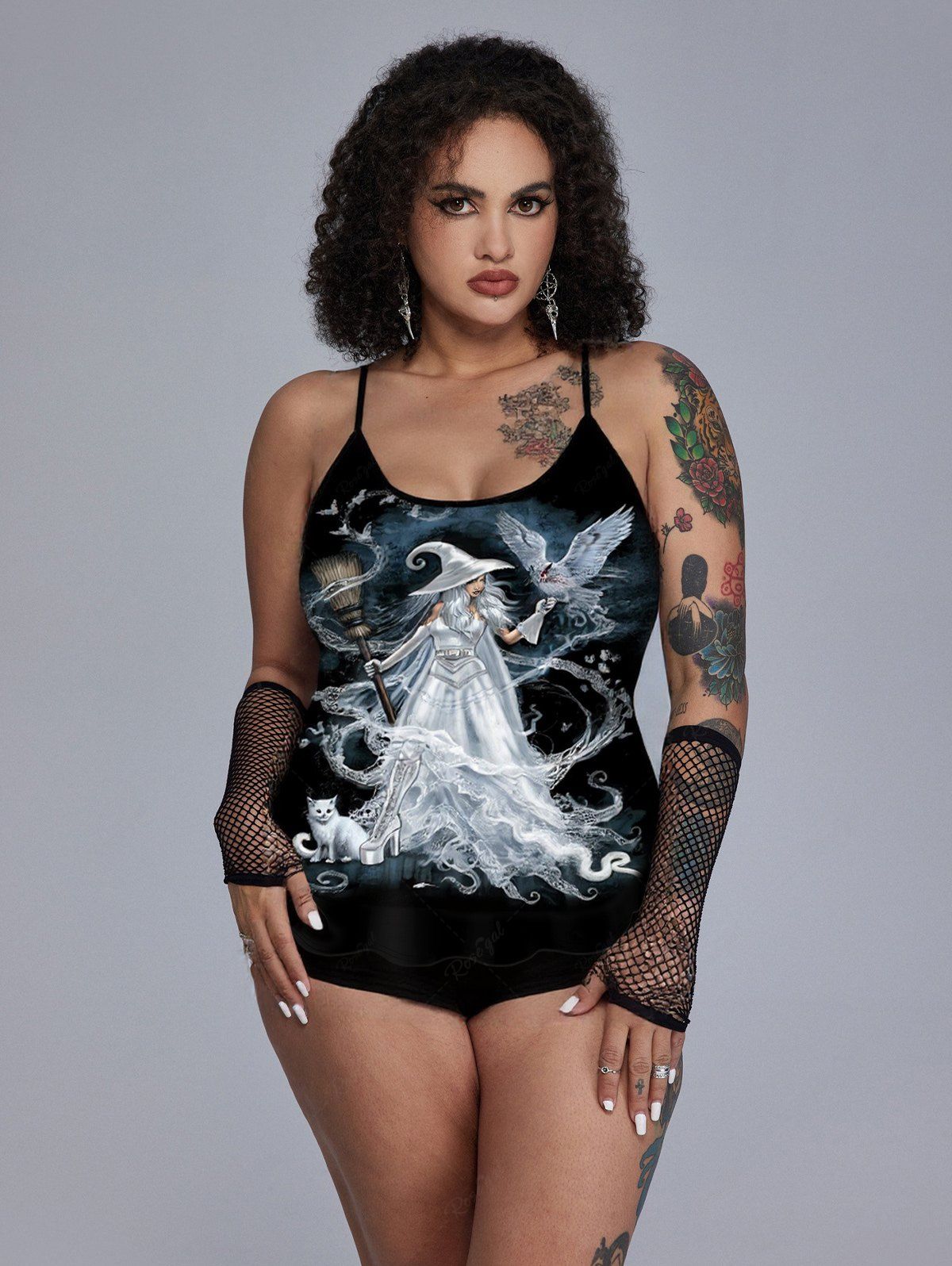 Outfit Cat Wizard Eagle Broom Glitter Printed Padded Boyleg Tankini Swimsuit (Adjustable Shoulder Strap)  