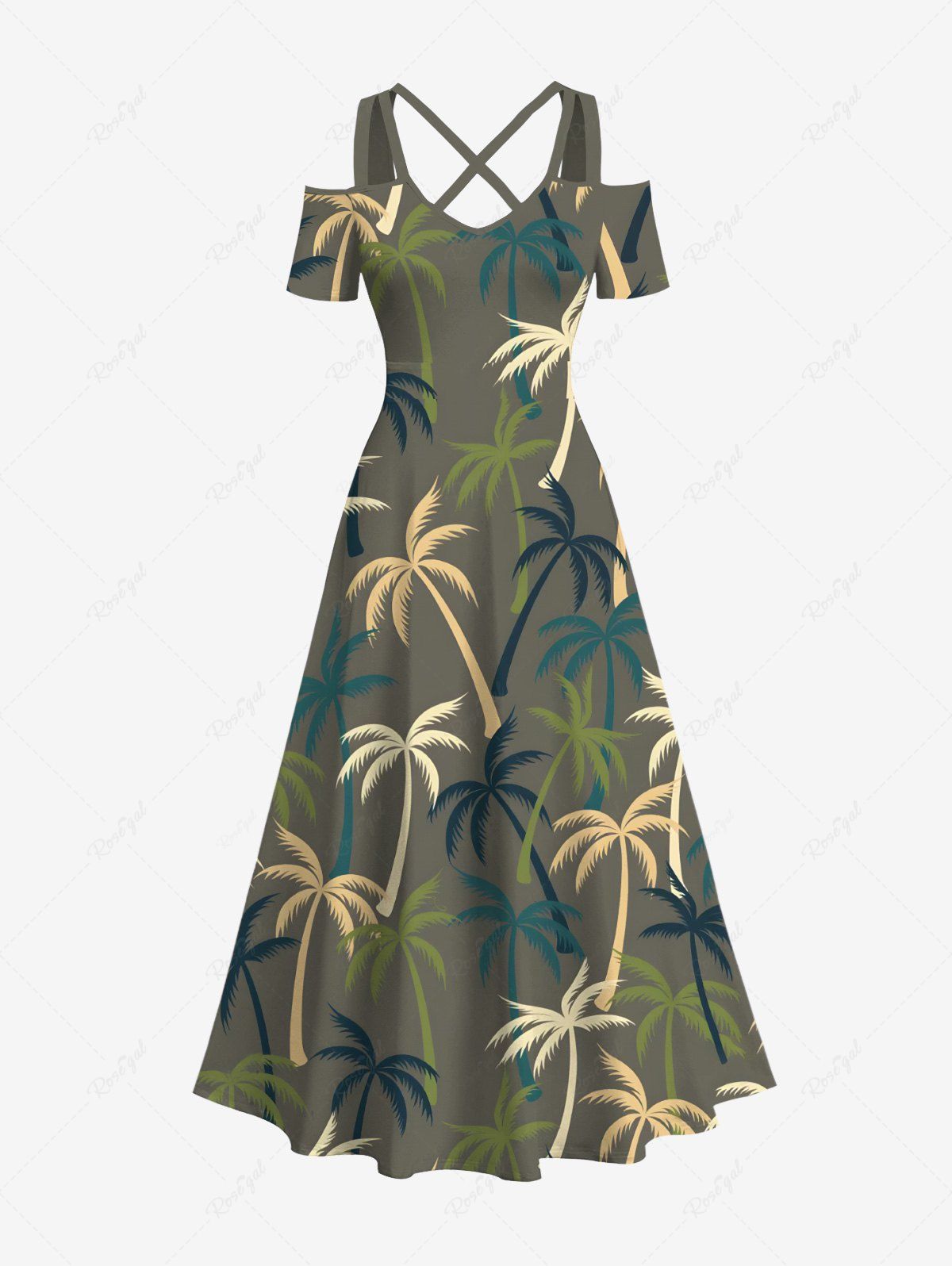 Shop Plus Size Coconut Tree Print Cold Shoulder Crisscross Hawaii Maxi Dress  