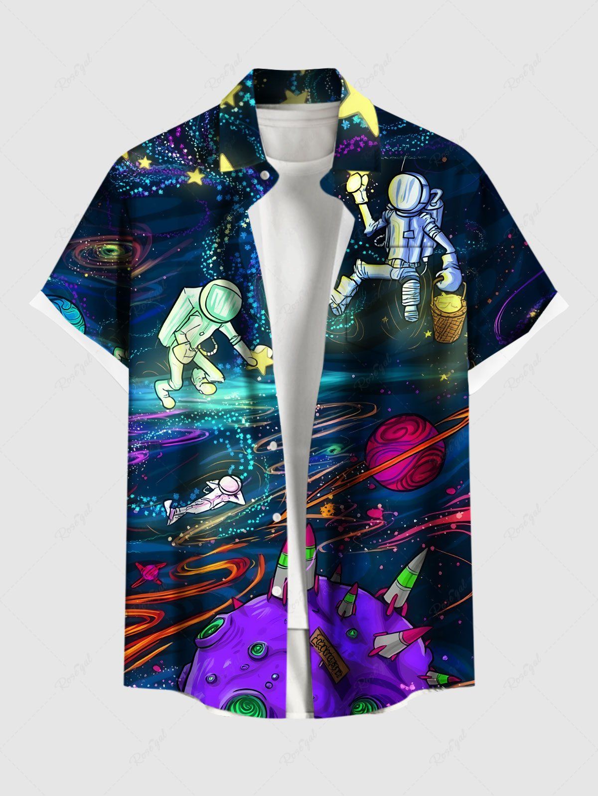 Sale Plus Size Galaxy Astronaut Stars Print Buttons Pocket Hawaii Shirt For Men  