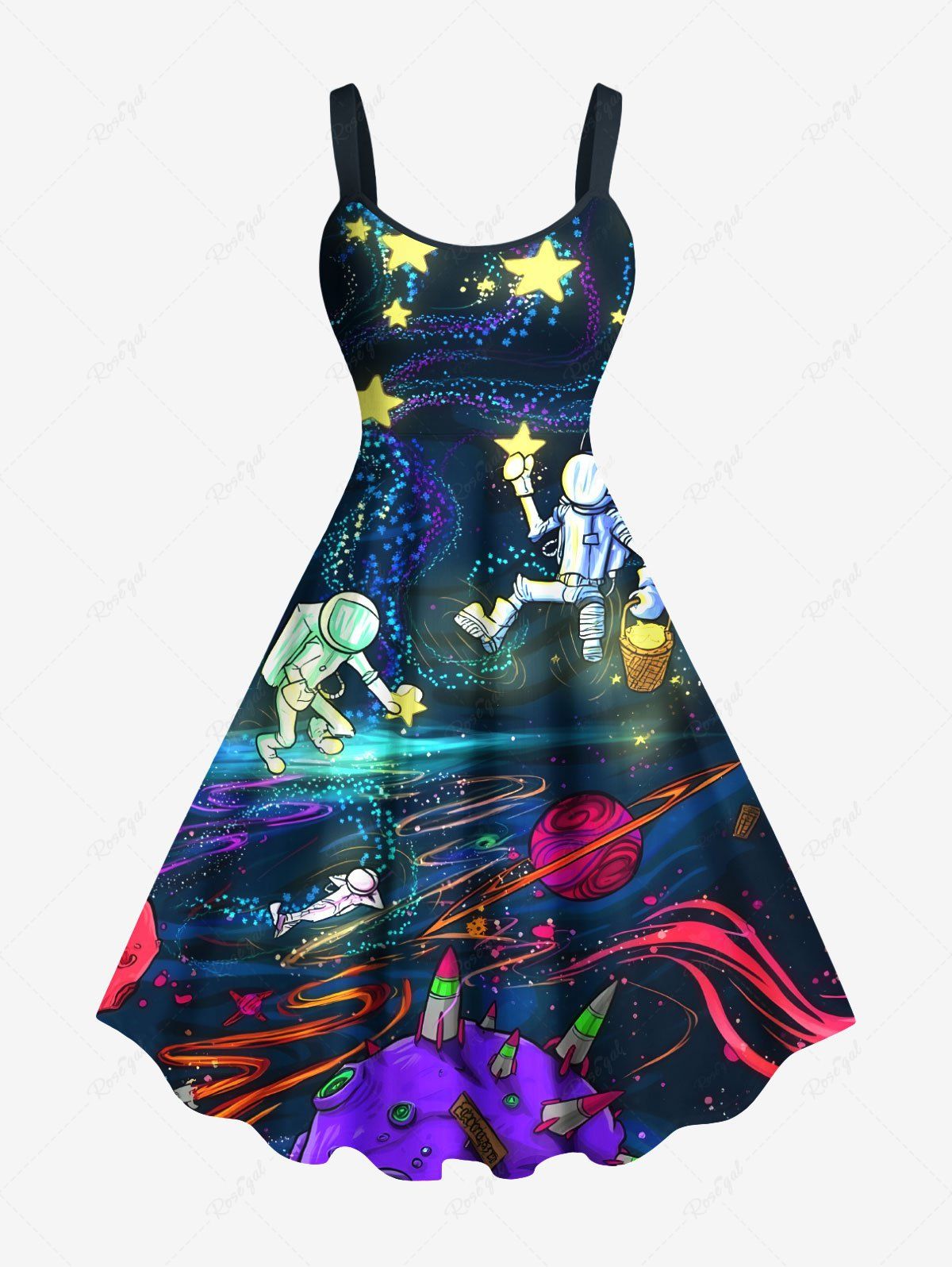 Shops Plus Size Galaxy Astronaut Stars Print Hawaii Tank Dress  