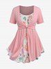 Flower Watercolor Print Twist Ribbed 2 In 1 Top and Lace Up Side Capri Pants Plus Size Outfit -  