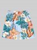 Plus Size Tropical Leaves Floral Print Hawaii Drawstring Beach Shorts For Men -  