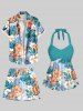 Plus Size Tropical Leaves Floral Print Hawaii Drawstring Beach Shorts For Men -  