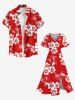Plus Size Coconut Tree Hibiscus Flower Two Tone Print Hawaii Split Pocket A Line Midi Dress -  
