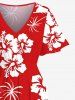 Plus Size Coconut Tree Hibiscus Flower Two Tone Print Hawaii Split Pocket A Line Midi Dress -  