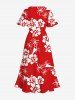Plus Size Coconut Tree Hibiscus Flower Two Tone Print Hawaii Split Pocket A Line Midi Dress -  