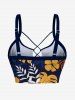 Haut de tankini hawaïen à lacets, imprimé floral, branches et feuilles tropicales (bretelles réglables) - Bleu profond L