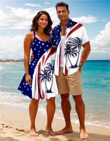 Coconut Tree Patriotic American Flag Curve Print Plus Size Matching Hawaii Beach Outfit For Couples - BLUE