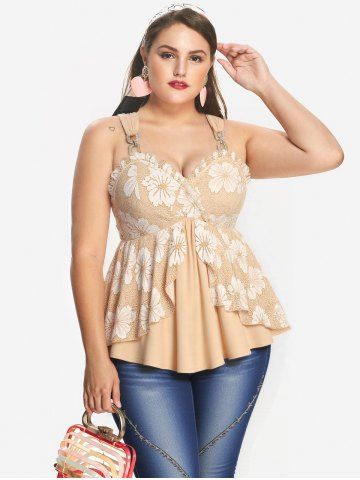Plus Size Floral Lace Ruffles Backless Layered Tank Top - CHAMPAGNE - L | US 12