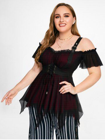 Plus Size Ruffles Grommets Lace Up Mesh Asymmetrical Buckle Cold Shoulder Blouse - BLACK - L | US 12