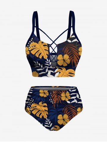 Tropical Leaves Branch Floral Print Hawaii Lace Up Tankini Top and Swim Bottom Plus Size Matching Set - DEEP BLUE