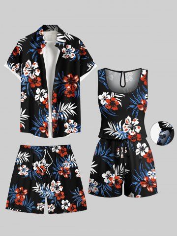 Matching Hawaii Shirt Short and Romper Plus Size Beach Outfit Tropical Leaf Hibiscus Print For Couples