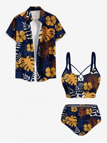 Tropical Leaf Branch Flower Print Shirt Swimsuit Plus Size Matching Hawaii Beach Outfit For Couples