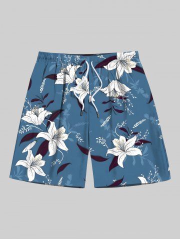 Plus Size Floral Leaves Branch Print Hawaii Drawstring Beach Shorts For Men - BLUE - 8XL
