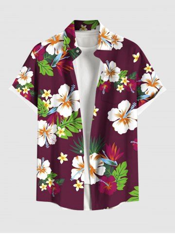 Plus Size Tropical Leaves Hibiscus Floral Print Hawaii Button Pocket Shirt For Men - RED - XL