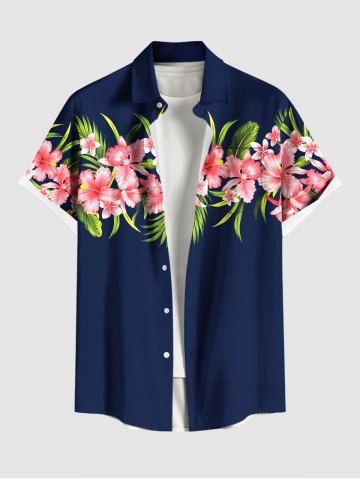 Plus Size Tropical Leaves Hibiscus Floral Print Hawaii Button Pocket Shirt For Men