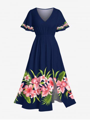 Plus Size Tropical Leaves Hibiscus Floral Print Hawaii Pocket Split A Line Midi Dress - BLUE - S